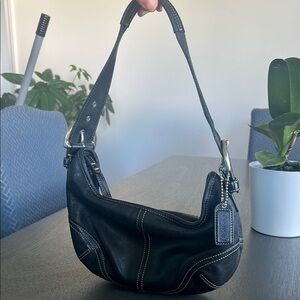 Coach Black Leather Shoulder Bag with Stitching